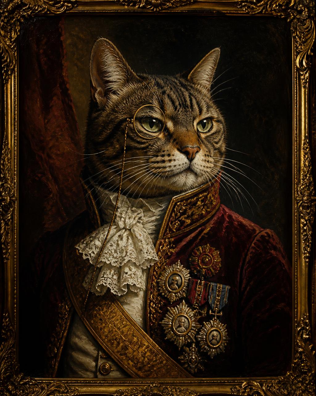 Victorian oil portrait of Marmalade, formerly of the sofa — now Colonel of the Household Guard