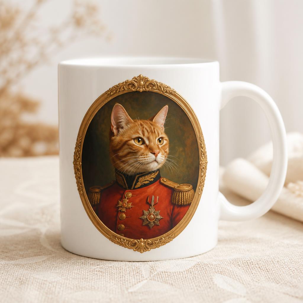 A Victorian cat portrait wrapped around a white ceramic mug